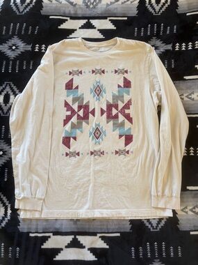 Long Sleeve Graphic Tee - Cream with Aztec Print